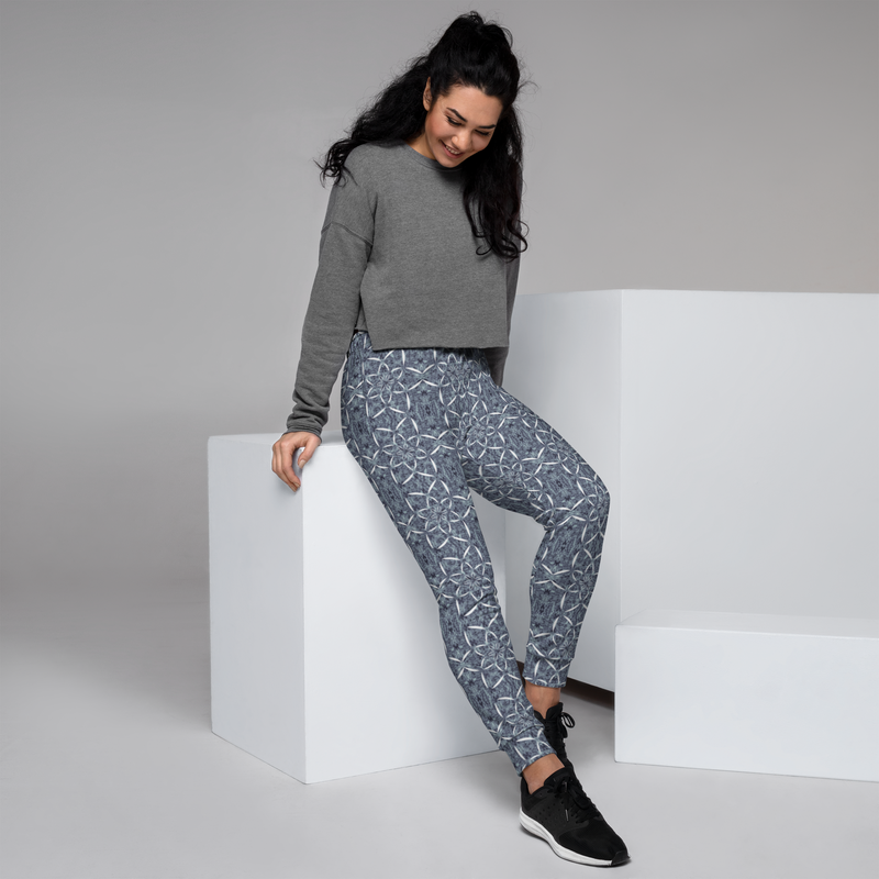 Product name: Recursia Lotus Light Women's Joggers In Blue. Keywords: Athlesisure Wear, Clothing, Print: Lotus Light, Women's Bottoms, Women's Joggers