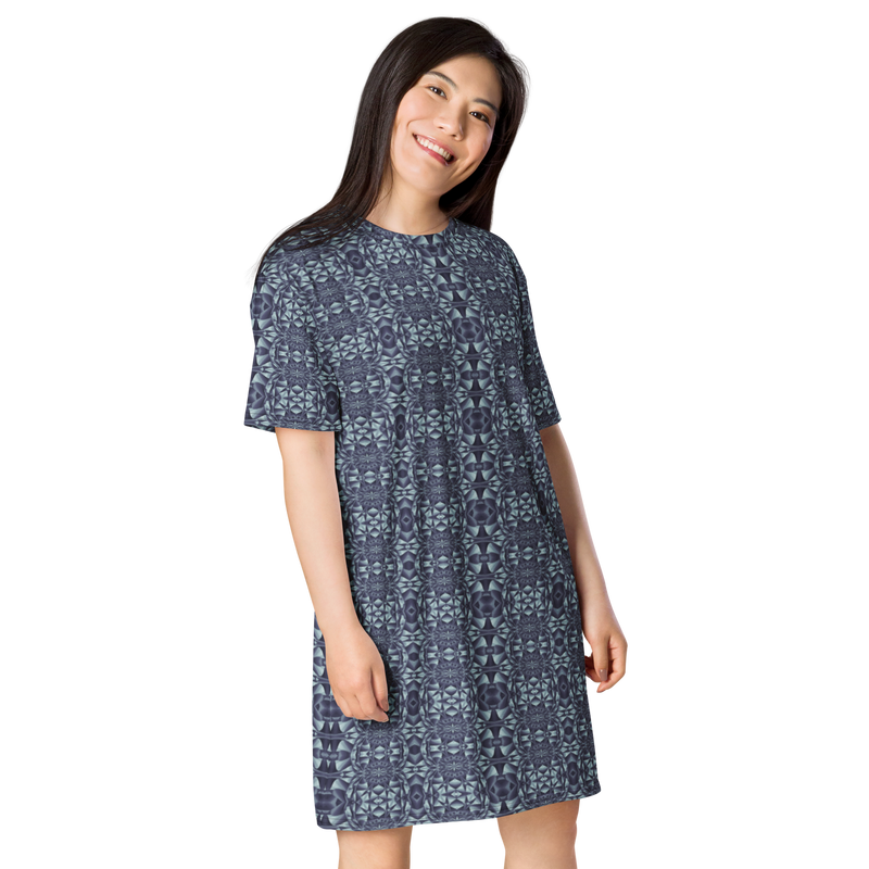 Product name: Recursia Mind Gem III T-Shirt Dress In Blue. Keywords: Clothing, Print: Mind Gem, T-Shirt Dress, Women's Clothing