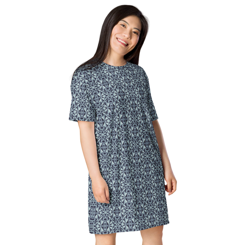 Product name: Recursia Mind Gem II T-Shirt Dress In Blue. Keywords: Clothing, Print: Mind Gem, T-Shirt Dress, Women's Clothing