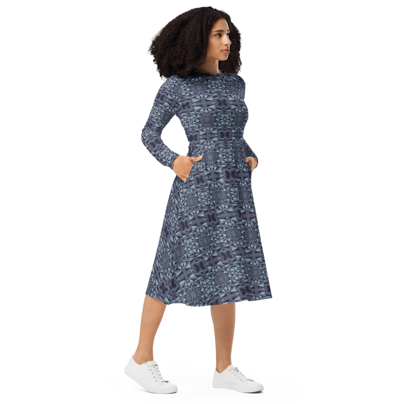 Product name: Recursia Mind Gem IV Long Sleeve Midi Dress In Blue. Keywords: Clothing, Long Sleeve Midi Dress, Print: Mind Gem, Women's Clothing