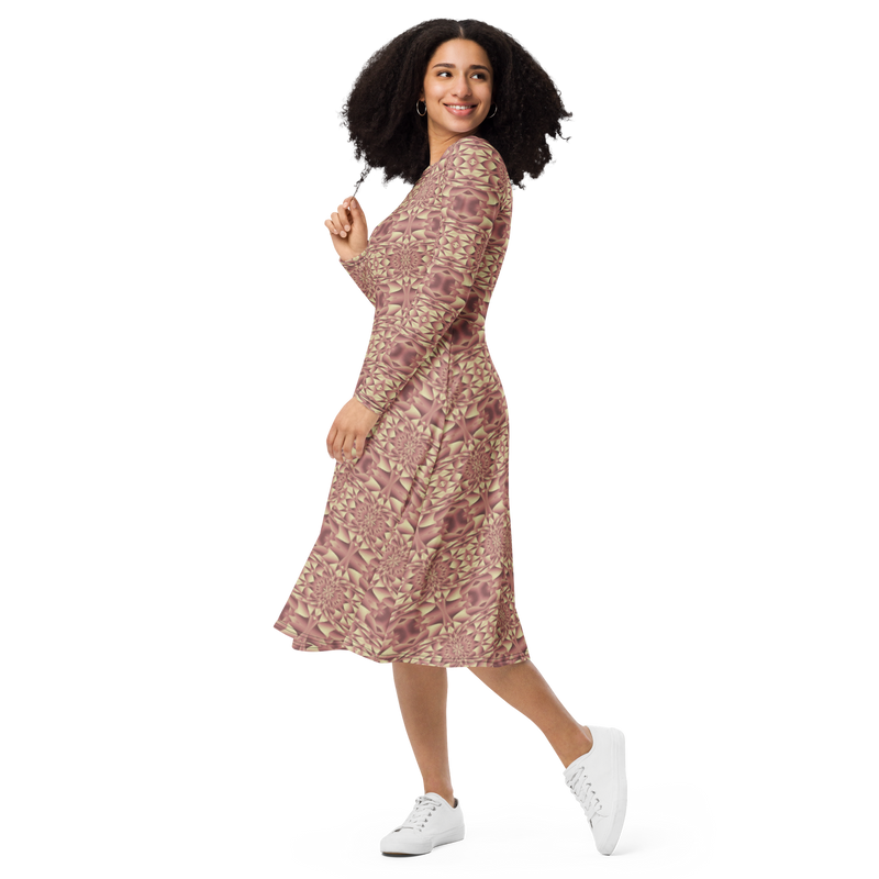 Product name: Recursia Mind Gem IV Long Sleeve Midi Dress In Pink. Keywords: Clothing, Long Sleeve Midi Dress, Print: Mind Gem, Women's Clothing
