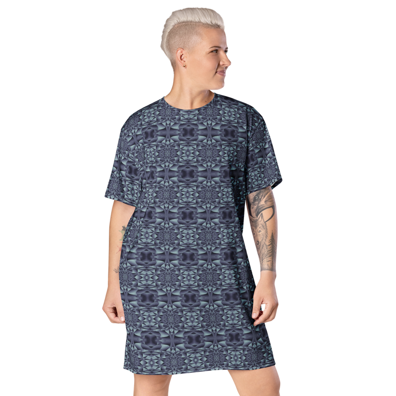 Product name: Recursia Mind Gem IV T-Shirt Dress In Blue. Keywords: Clothing, Print: Mind Gem, T-Shirt Dress, Women's Clothing