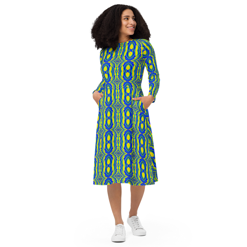 Product name: Recursia Mind Gem I Long Sleeve Midi Dress. Keywords: Clothing, Long Sleeve Midi Dress, Print: Mind Gem, Women's Clothing