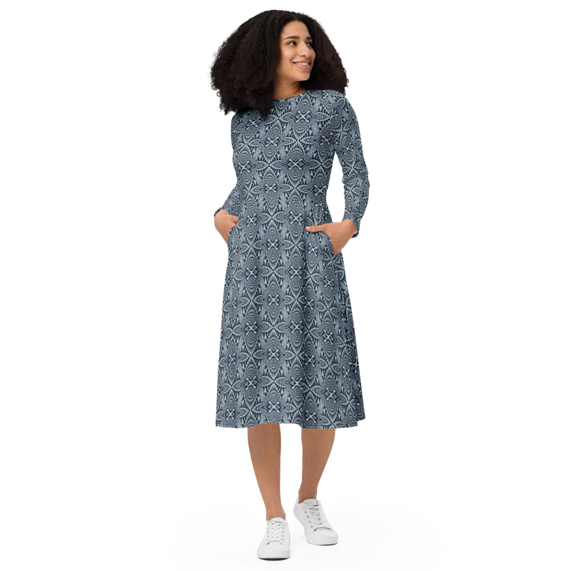Product name: Recursia Mind Gem Long Sleeve Midi Dress In Blue. Keywords: Clothing, Long Sleeve Midi Dress, Print: Mind Gem, Women's Clothing
