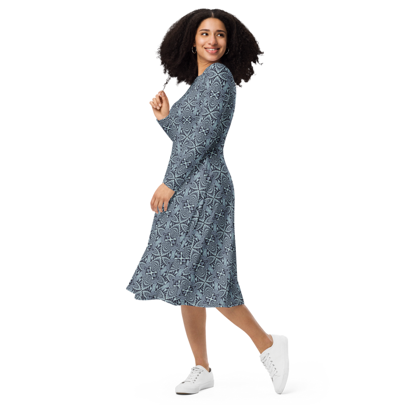 Product name: Recursia Mind Gem Long Sleeve Midi Dress In Blue. Keywords: Clothing, Long Sleeve Midi Dress, Print: Mind Gem, Women's Clothing