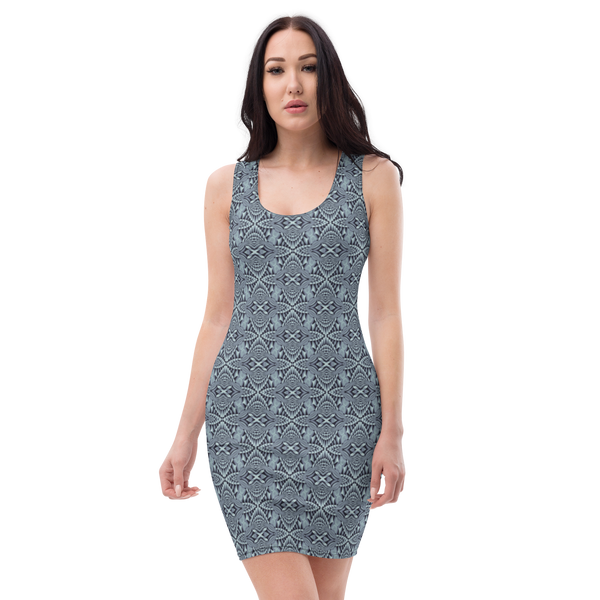 Product name: Recursia Mind Gem IV Pencil Dress In Blue. Keywords: Clothing, Print: Mind Gem, Pencil Dress, Women's Clothing