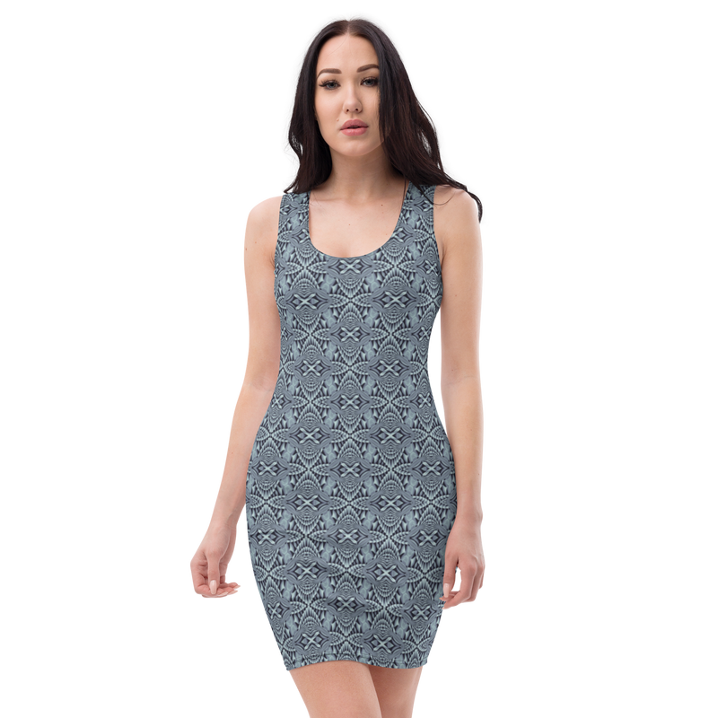 Product name: Recursia Mind Gem IV Pencil Dress In Blue. Keywords: Clothing, Print: Mind Gem, Pencil Dress, Women's Clothing