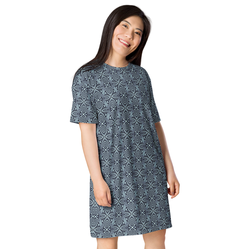 Product name: Recursia Mind Gem T-Shirt Dress In Blue. Keywords: Clothing, Print: Mind Gem, T-Shirt Dress, Women's Clothing