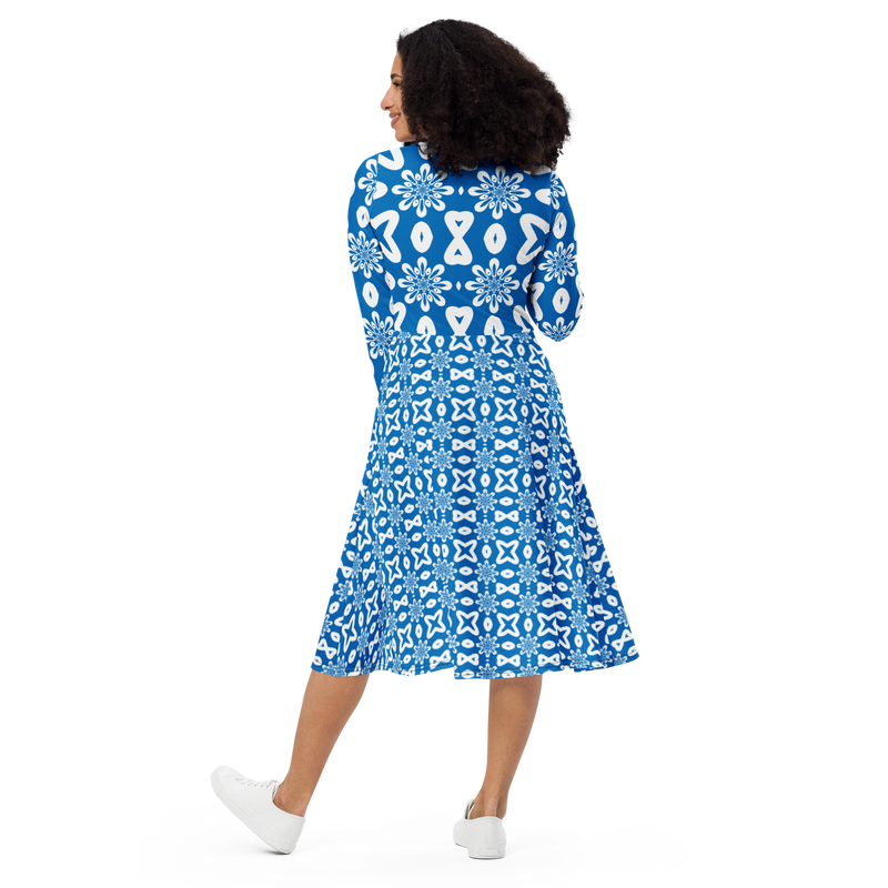 Product name: Recursia Modern MoirÃ© III Long Sleeve Midi Dress In Blue. Keywords: Clothing, Long Sleeve Midi Dress, Print: Modern MoirÃ©, Women's Clothing
