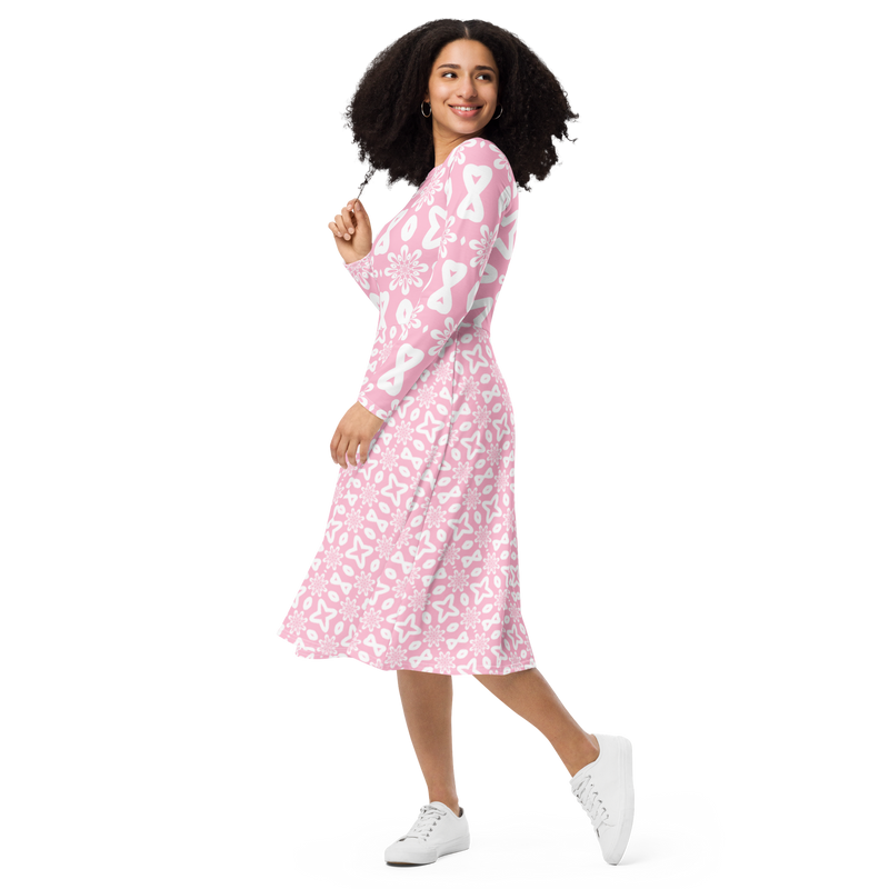 Product name: Recursia Modern MoirÃ© III Long Sleeve Midi Dress In Pink. Keywords: Clothing, Long Sleeve Midi Dress, Print: Modern MoirÃ©, Women's Clothing