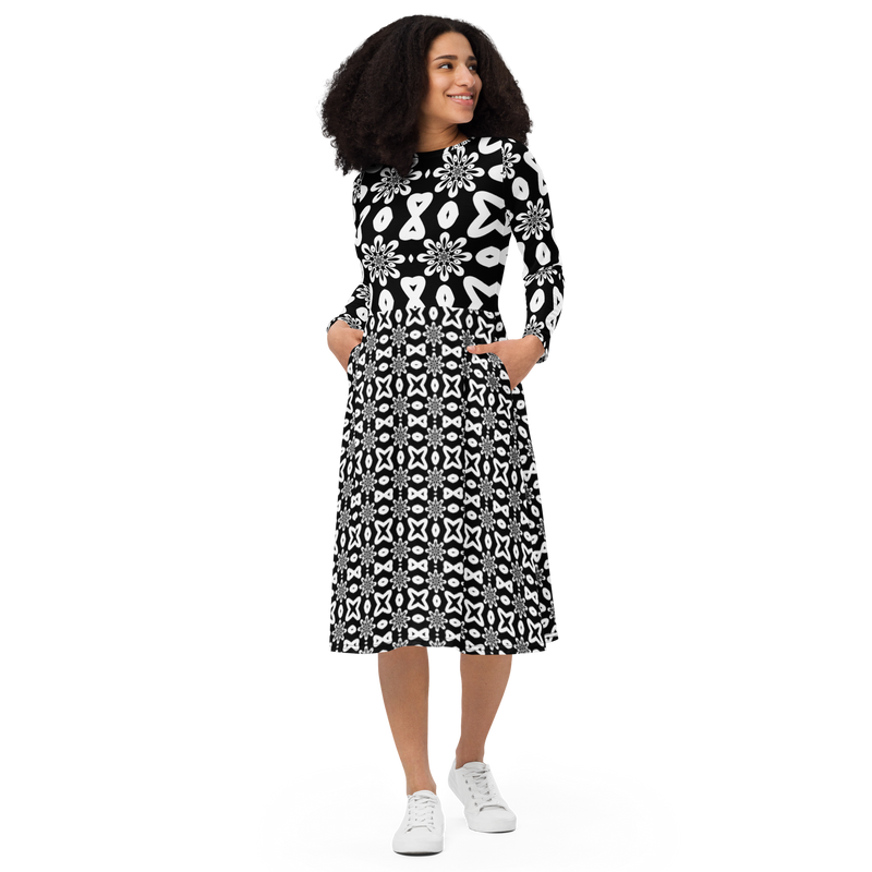Product name: Recursia Modern MoirÃ© III Long Sleeve Midi Dress. Keywords: Clothing, Long Sleeve Midi Dress, Print: Modern MoirÃ©, Women's Clothing