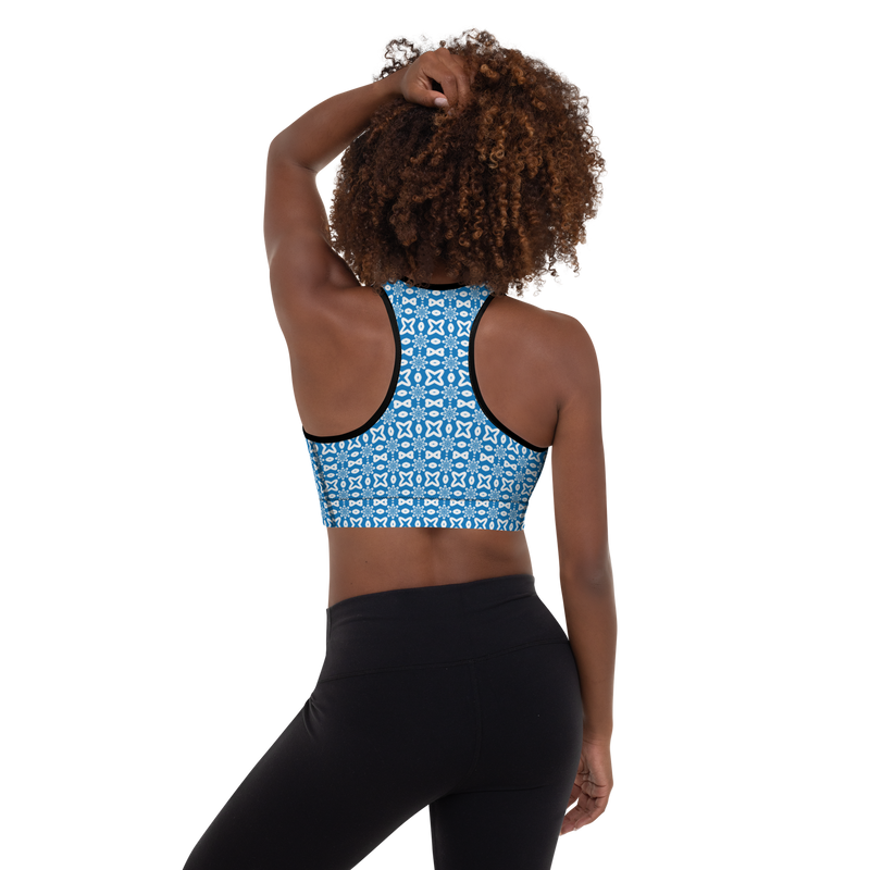 Product name: Recursia Modern MoirÃ© V Padded Sports Bra In Blue. Keywords: Athlesisure Wear, Clothing, Print: Modern MoirÃ©, Padded Sports Bra, Women's Clothing