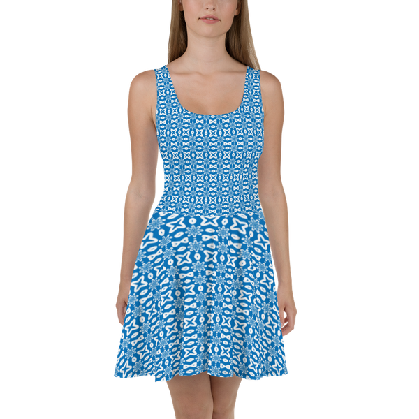 Product name: Recursia Modern MoirÃ© V Skater Dress In Blue. Keywords: Clothing, Print: Modern MoirÃ©, Skater Dress, Women's Clothing