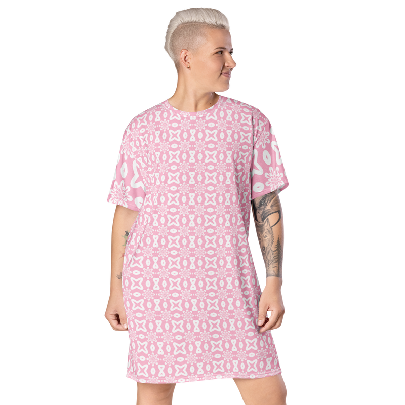 Product name: Recursia Modern MoirÃ© III T-Shirt Dress In Pink. Keywords: Clothing, Print: Modern MoirÃ©, T-Shirt Dress, Women's Clothing