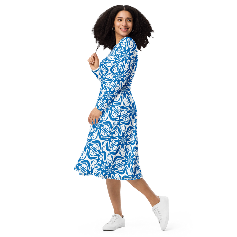 Product name: Recursia Modern MoirÃ© II Long Sleeve Midi Dress In Blue. Keywords: Clothing, Long Sleeve Midi Dress, Print: Modern MoirÃ©, Women's Clothing