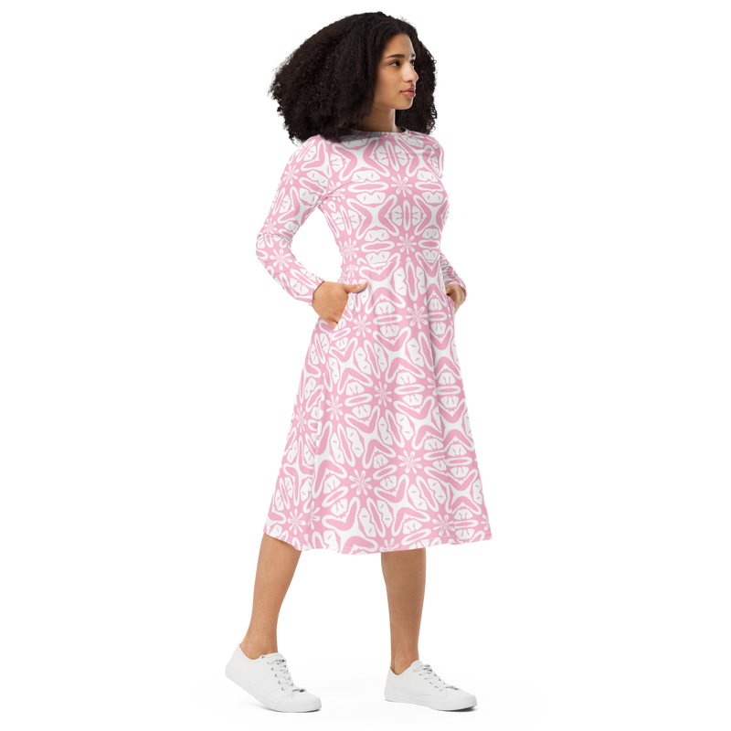 Product name: Recursia Modern MoirÃ© II Long Sleeve Midi Dress In Pink. Keywords: Clothing, Long Sleeve Midi Dress, Print: Modern MoirÃ©, Women's Clothing