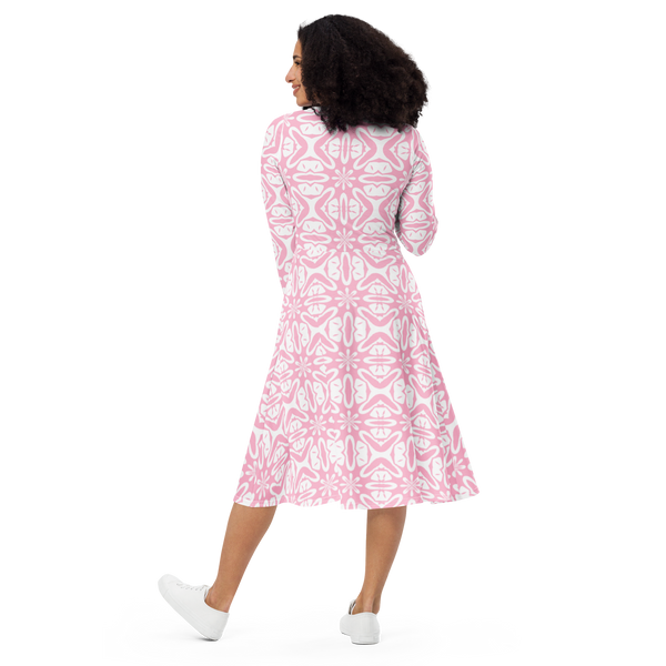 Product name: Recursia Modern MoirÃ© II Long Sleeve Midi Dress In Pink. Keywords: Clothing, Long Sleeve Midi Dress, Print: Modern MoirÃ©, Women's Clothing