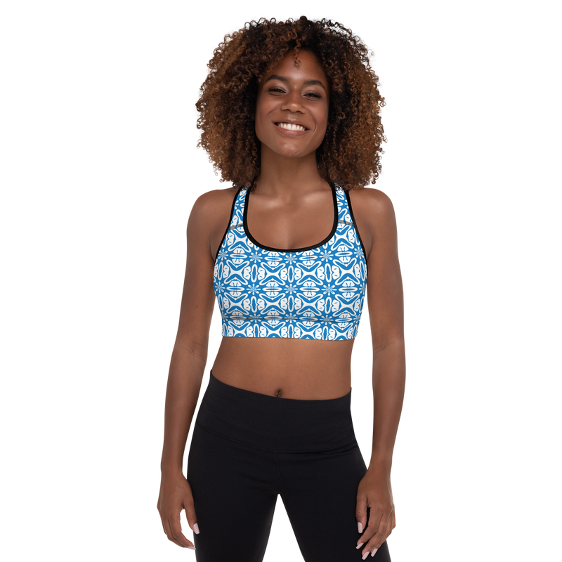 Product name: Recursia Modern MoirÃ© VI Padded Sports Bra In Blue. Keywords: Athlesisure Wear, Clothing, Print: Modern MoirÃ©, Padded Sports Bra, Women's Clothing