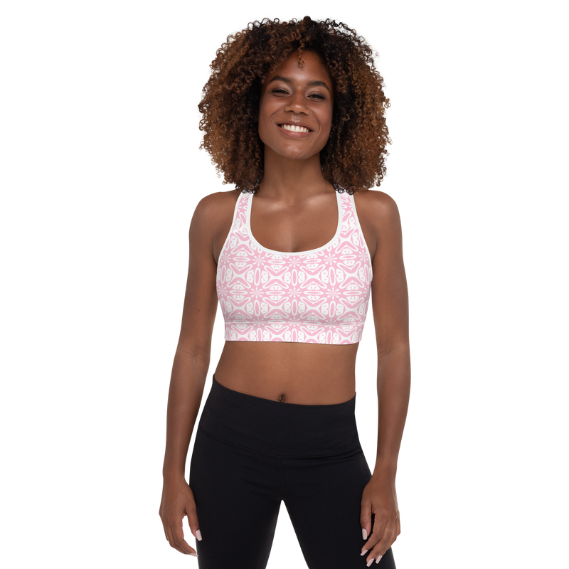 Product name: Recursia Modern MoirÃ© VI Padded Sports Bra In Pink. Keywords: Athlesisure Wear, Clothing, Print: Modern MoirÃ©, Padded Sports Bra, Women's Clothing