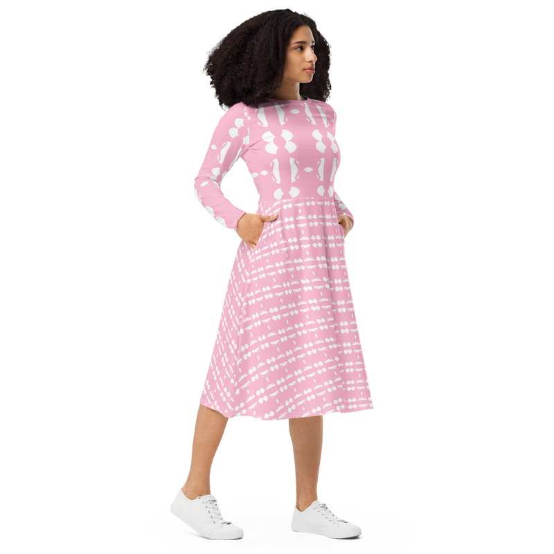 Product name: Recursia Modern MoirÃ© IV Long Sleeve Midi Dress In Pink. Keywords: Clothing, Long Sleeve Midi Dress, Print: Modern MoirÃ©, Women's Clothing