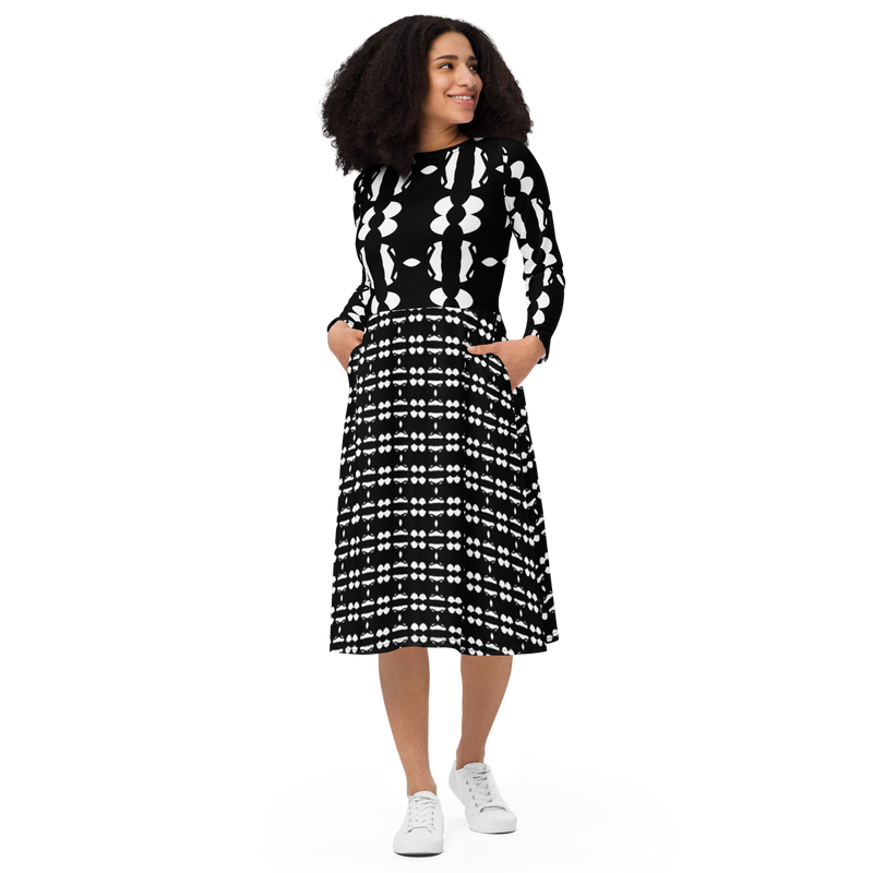 Product name: Recursia Modern MoirÃ© IV Long Sleeve Midi Dress. Keywords: Clothing, Long Sleeve Midi Dress, Print: Modern MoirÃ©, Women's Clothing