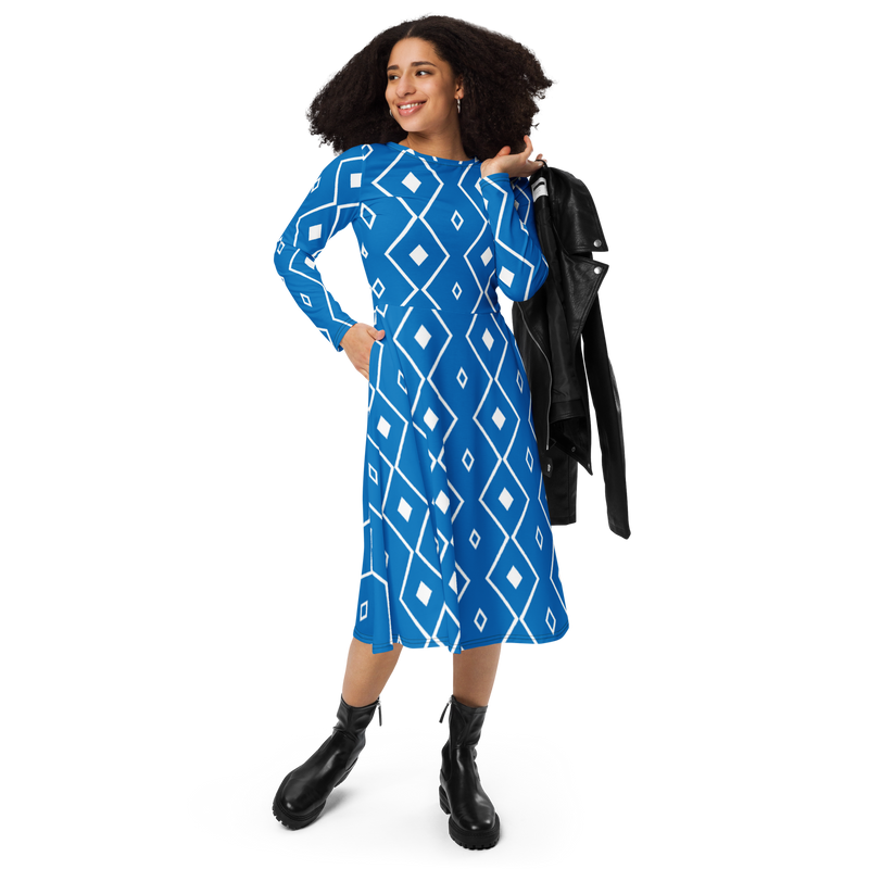 Product name: Recursia Modern MoirÃ© I Long Sleeve Midi Dress In Blue. Keywords: Clothing, Long Sleeve Midi Dress, Print: Modern MoirÃ©, Women's Clothing