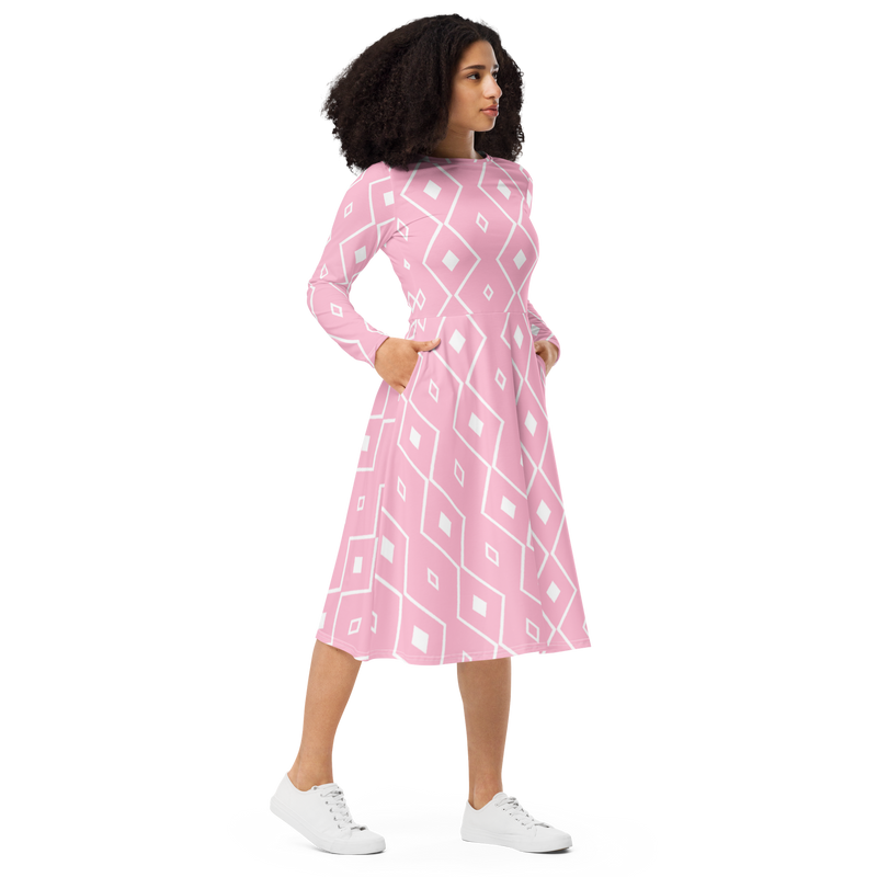 Product name: Recursia Modern MoirÃ© I Long Sleeve Midi Dress In Pink. Keywords: Clothing, Long Sleeve Midi Dress, Print: Modern MoirÃ©, Women's Clothing