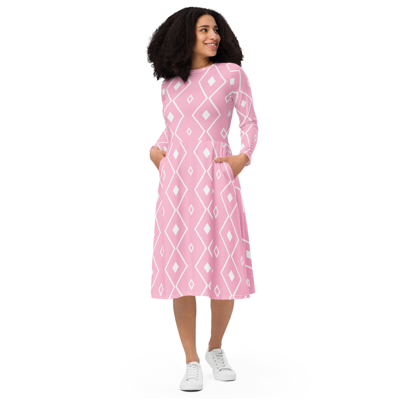 Product name: Recursia Modern MoirÃ© I Long Sleeve Midi Dress In Pink. Keywords: Clothing, Long Sleeve Midi Dress, Print: Modern MoirÃ©, Women's Clothing