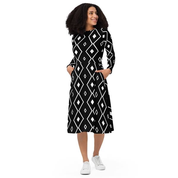Product name: Recursia Modern MoirÃ© I Long Sleeve Midi Dress. Keywords: Clothing, Long Sleeve Midi Dress, Print: Modern MoirÃ©, Women's Clothing