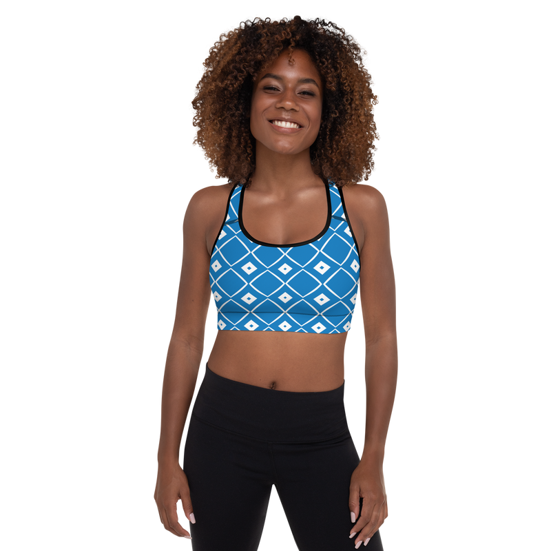 Product name: Recursia Modern MoirÃ© VIII Padded Sports Bra In Blue. Keywords: Athlesisure Wear, Clothing, Print: Modern MoirÃ©, Padded Sports Bra, Women's Clothing