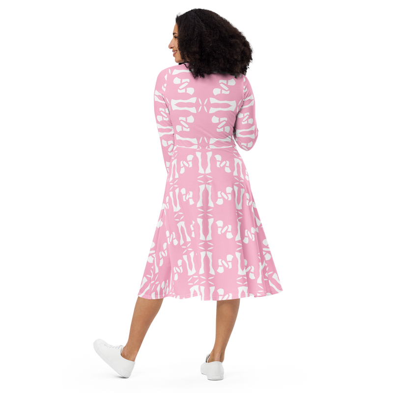 Product name: Recursia Modern MoirÃ© VIII Long Sleeve Midi Dress In Pink. Keywords: Clothing, Long Sleeve Midi Dress, Print: Modern MoirÃ©, Women's Clothing