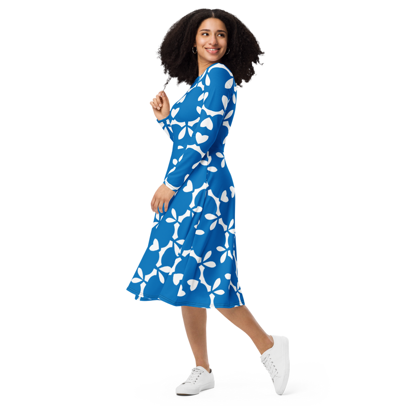 Product name: Recursia Modern MoirÃ© VII Long Sleeve Midi Dress In Blue. Keywords: Clothing, Long Sleeve Midi Dress, Print: Modern MoirÃ©, Women's Clothing