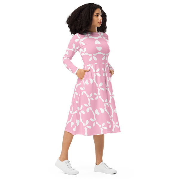 Product name: Recursia Modern MoirÃ© VII Long Sleeve Midi Dress In Pink. Keywords: Clothing, Long Sleeve Midi Dress, Print: Modern MoirÃ©, Women's Clothing