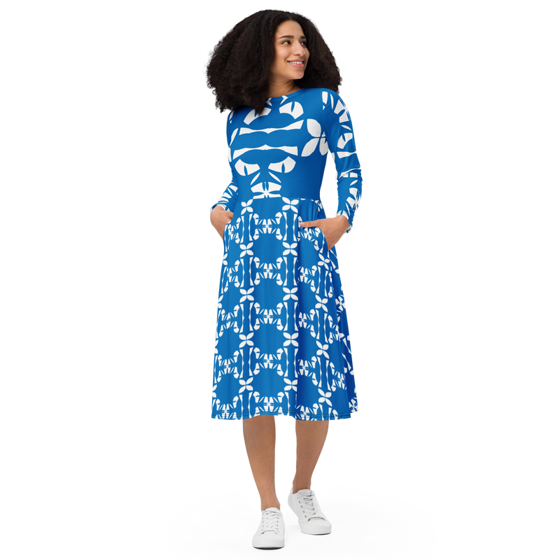 Product name: Recursia Modern MoirÃ© VI Long Sleeve Midi Dress In Blue. Keywords: Clothing, Long Sleeve Midi Dress, Print: Modern MoirÃ©, Women's Clothing
