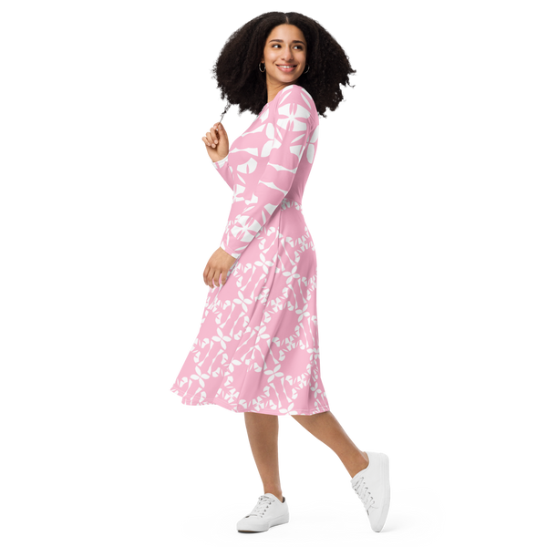 Product name: Recursia Modern MoirÃ© VI Long Sleeve Midi Dress In Pink. Keywords: Clothing, Long Sleeve Midi Dress, Print: Modern MoirÃ©, Women's Clothing