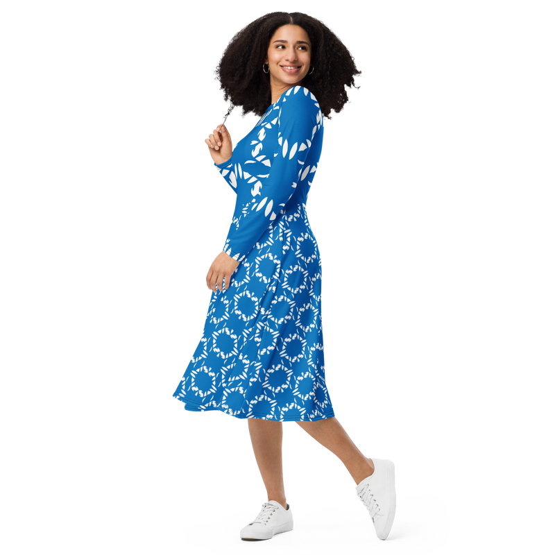 Product name: Recursia Modern MoirÃ© V Long Sleeve Midi Dress In Blue. Keywords: Clothing, Long Sleeve Midi Dress, Print: Modern MoirÃ©, Women's Clothing