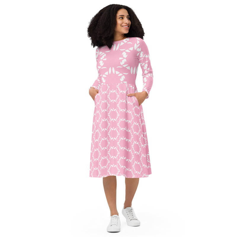 Product name: Recursia Modern MoirÃ© V Long Sleeve Midi Dress In Pink. Keywords: Clothing, Long Sleeve Midi Dress, Print: Modern MoirÃ©, Women's Clothing