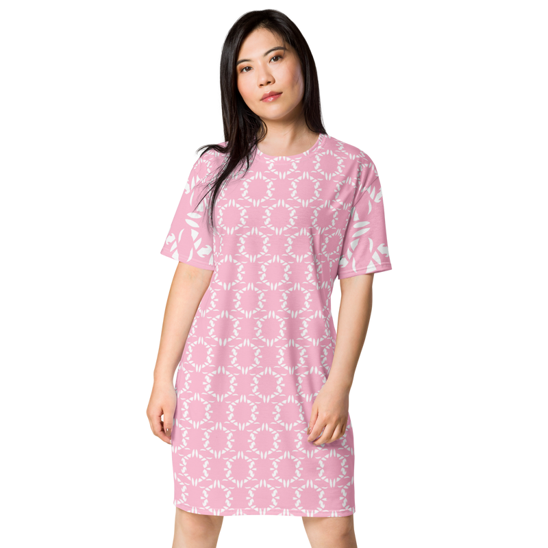 Product name: Recursia Modern MoirÃ© V T-Shirt Dress In Pink. Keywords: Clothing, Print: Modern MoirÃ©, T-Shirt Dress, Women's Clothing
