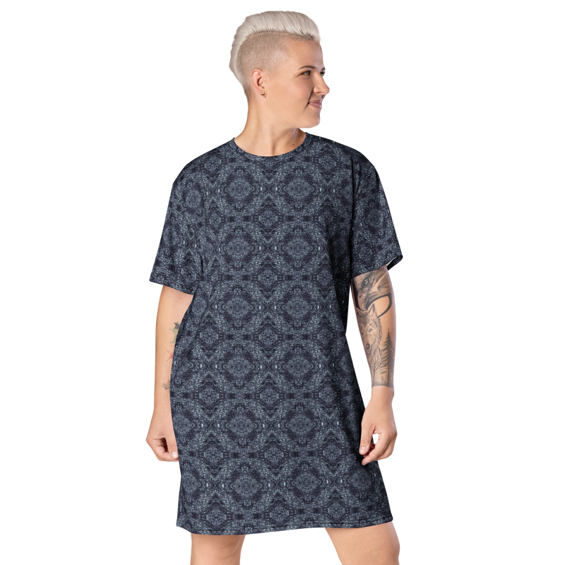 Product name: Recursia Pebblewave T-Shirt Dress In Blue. Keywords: Clothing, Print: Pebblewave , T-Shirt Dress, Women's Clothing