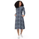 Product name: Recursia Philosophy's Abode Long Sleeve Midi Dress In Blue. Keywords: Clothing, Long Sleeve Midi Dress, Print: Philosophy's Abode, Women's Clothing