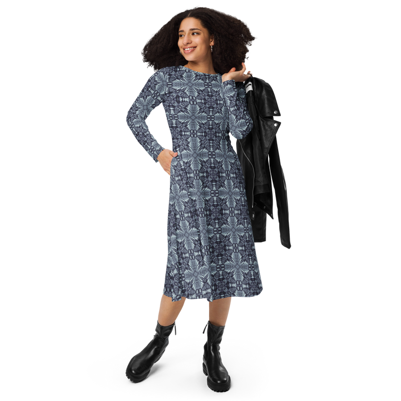 Product name: Recursia Philosophy's Abode Long Sleeve Midi Dress In Blue. Keywords: Clothing, Long Sleeve Midi Dress, Print: Philosophy's Abode, Women's Clothing