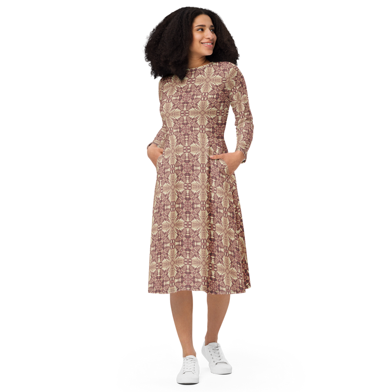 Product name: Recursia Philosophy's Abode Long Sleeve Midi Dress In Pink. Keywords: Clothing, Long Sleeve Midi Dress, Print: Philosophy's Abode, Women's Clothing