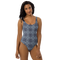 Product name: Recursia Philosophy's Abode One Piece Swimsuit In Blue. Keywords: Clothing, One Piece Swimsuit, Print: Philosophy's Abode, Swimwear, Unisex Clothing