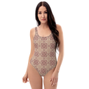 Product name: Recursia Philosophy's Abode One Piece Swimsuit In Pink. Keywords: Clothing, One Piece Swimsuit, Print: Philosophy's Abode, Swimwear, Unisex Clothing