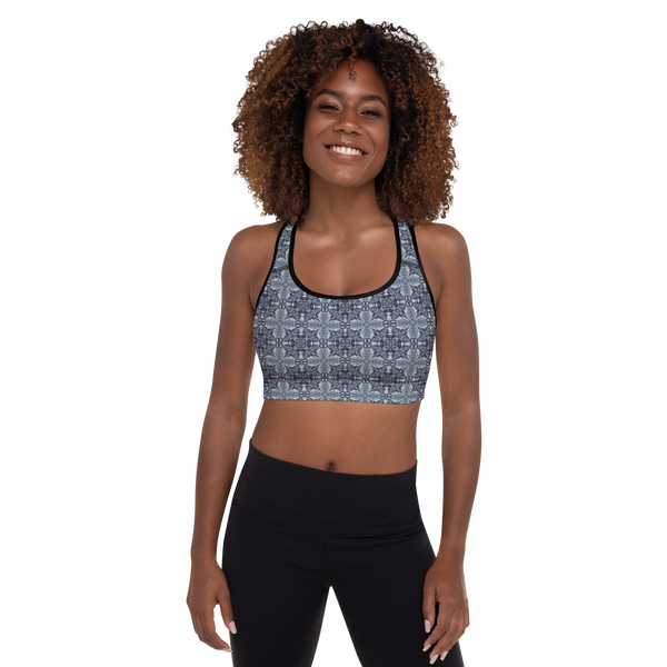 Product name: Recursia Philosophy's Abode Padded Sports Bra In Blue. Keywords: Athlesisure Wear, Clothing, Padded Sports Bra, Print: Philosophy's Abode, Women's Clothing