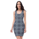 Product name: Recursia Philosophy's Abode Pencil Dress In Blue. Keywords: Clothing, Pencil Dress, Print: Philosophy's Abode, Women's Clothing