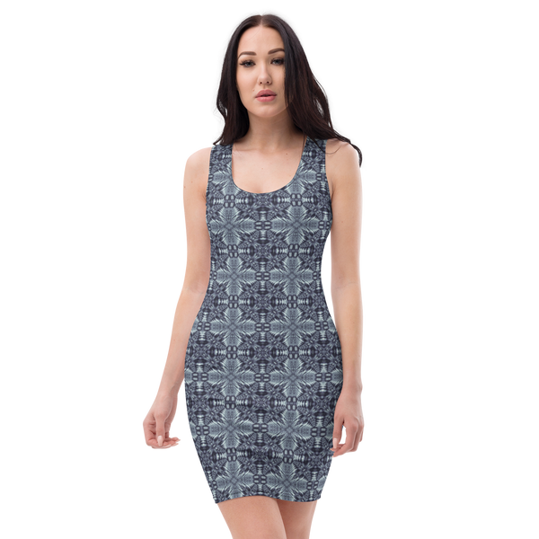 Product name: Recursia Philosophy's Abode Pencil Dress In Blue. Keywords: Clothing, Pencil Dress, Print: Philosophy's Abode, Women's Clothing