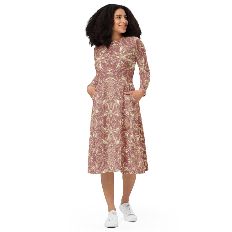 Product name: Recursia Rainbow Rose I Long Sleeve Midi Dress In Pink. Keywords: Clothing, Long Sleeve Midi Dress, Print: Rainbow Rose, Women's Clothing
