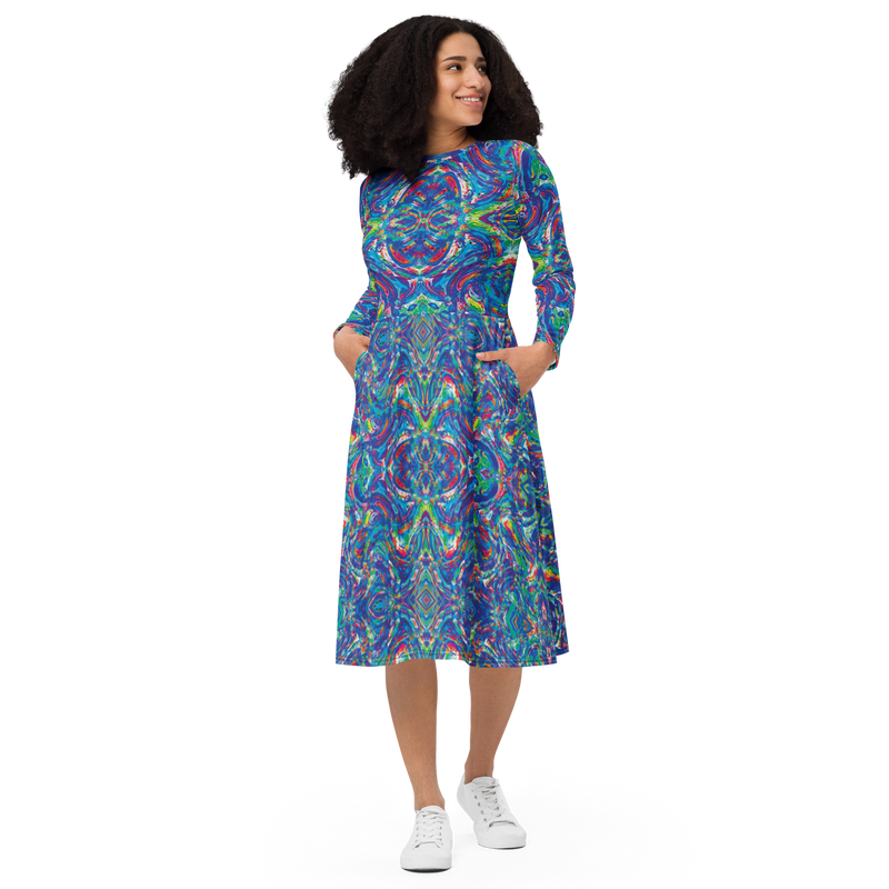 Product name: Recursia Rainbow Rose I Long Sleeve Midi Dress. Keywords: Clothing, Long Sleeve Midi Dress, Print: Rainbow Rose, Women's Clothing