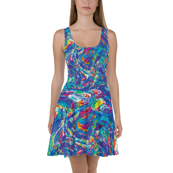 Product name: Recursia Rainbow Rose I Skater Dress. Keywords: Clothing, Print: Rainbow Rose, Skater Dress, Women's Clothing
